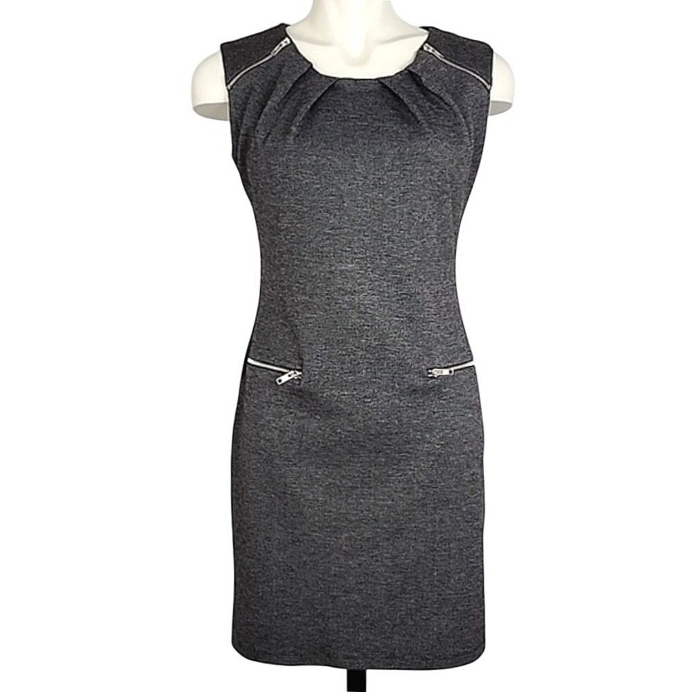 ENFOCUS Studio Dress Heathered Grey Round Pleated Neckline Zippers Stretch 6